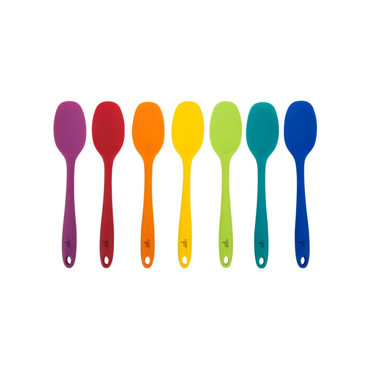 Red silicone spoon with a flat spatula head designed for mixing