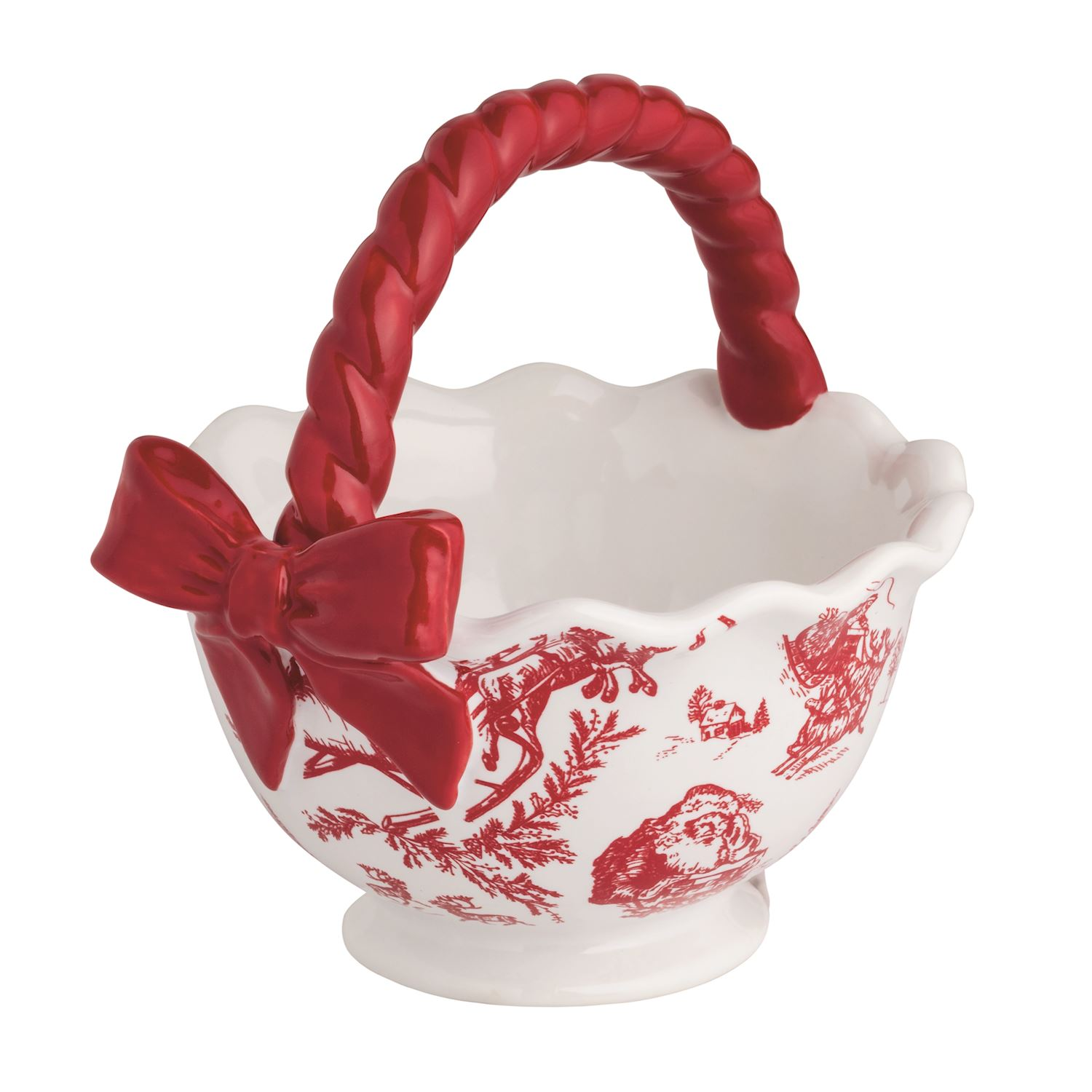 Stoneware candy bowl with red twisted handle, bow, and festive toile pattern on a pedestal base.