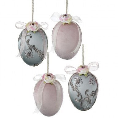Blue and pink velvet Easter egg with a paisley pattern