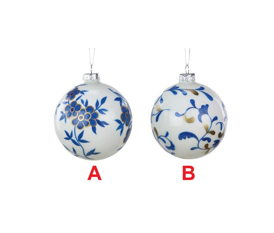 Glass ball ornament with white, blue, and gold hues in a spherical silhouette.