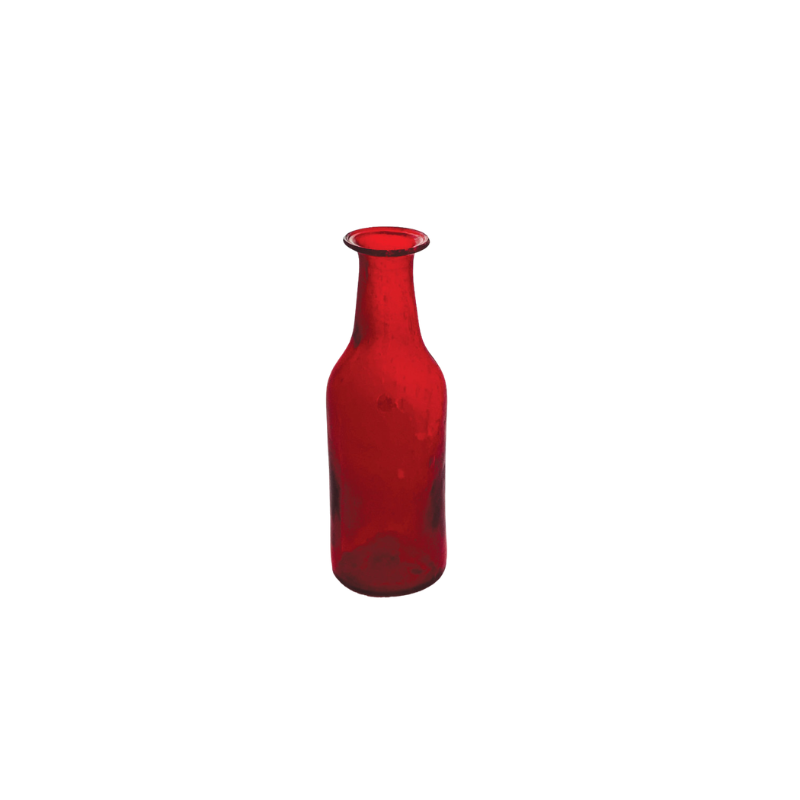 Hand-blown ruby red glass bud vase with a slender neck and flared rim.