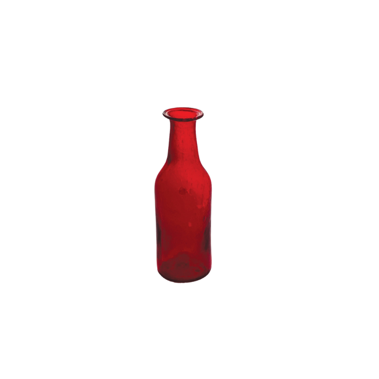 Hand-blown ruby red glass bud vase with a slender neck and flared rim.