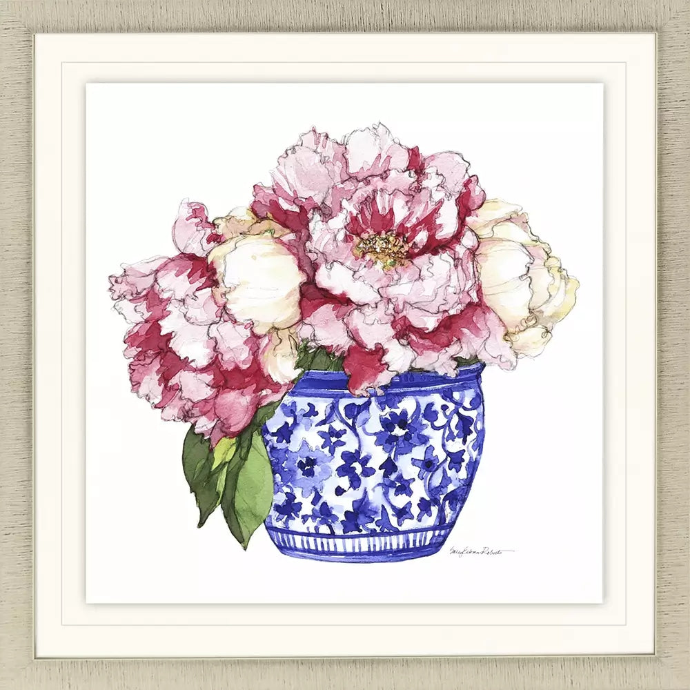 Framed watercolor painting of pink and white peonies in a blue and white floral ginger jar.
