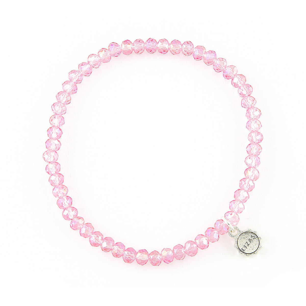 Stretchy beaded bracelet with faceted glass beads in a colorful pattern.