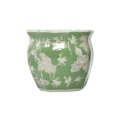 Ceramic Chinoiserie Planter Pot Green & White - Sold Individually