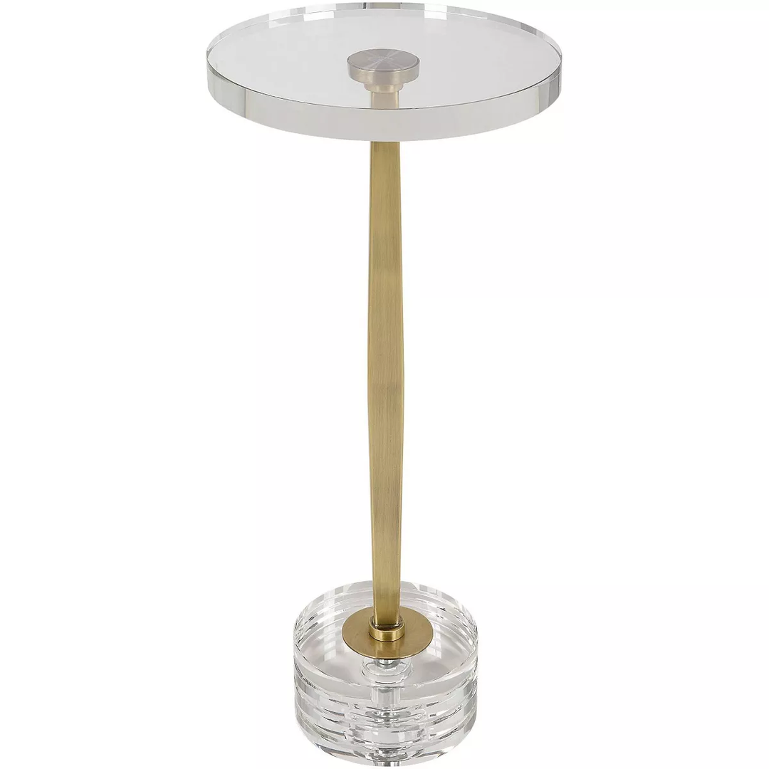 Groove Drink Table: Clear round acrylic top, brass stem, and stacked acrylic base.