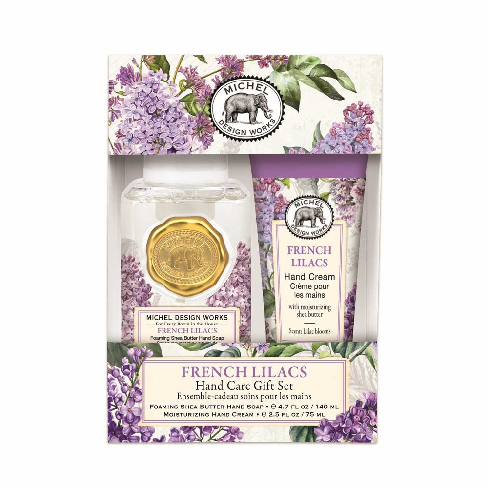 Michel Design Works French Lilacs Hand Care Gift Set with foaming hand soap and hand cream.