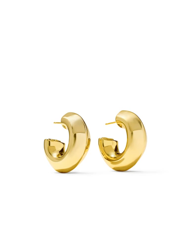 Pair of Embry gold hoop earrings with a thick, smooth, high-shine finish and ear post closures.