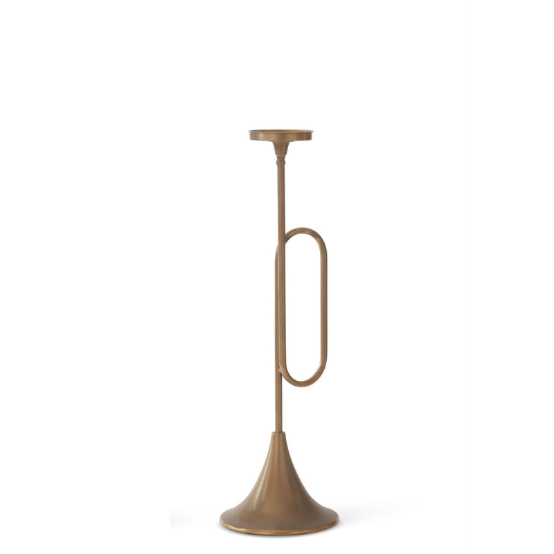 Gold trumpet-shaped pillar candleholder made of iron with a brass-style finish.