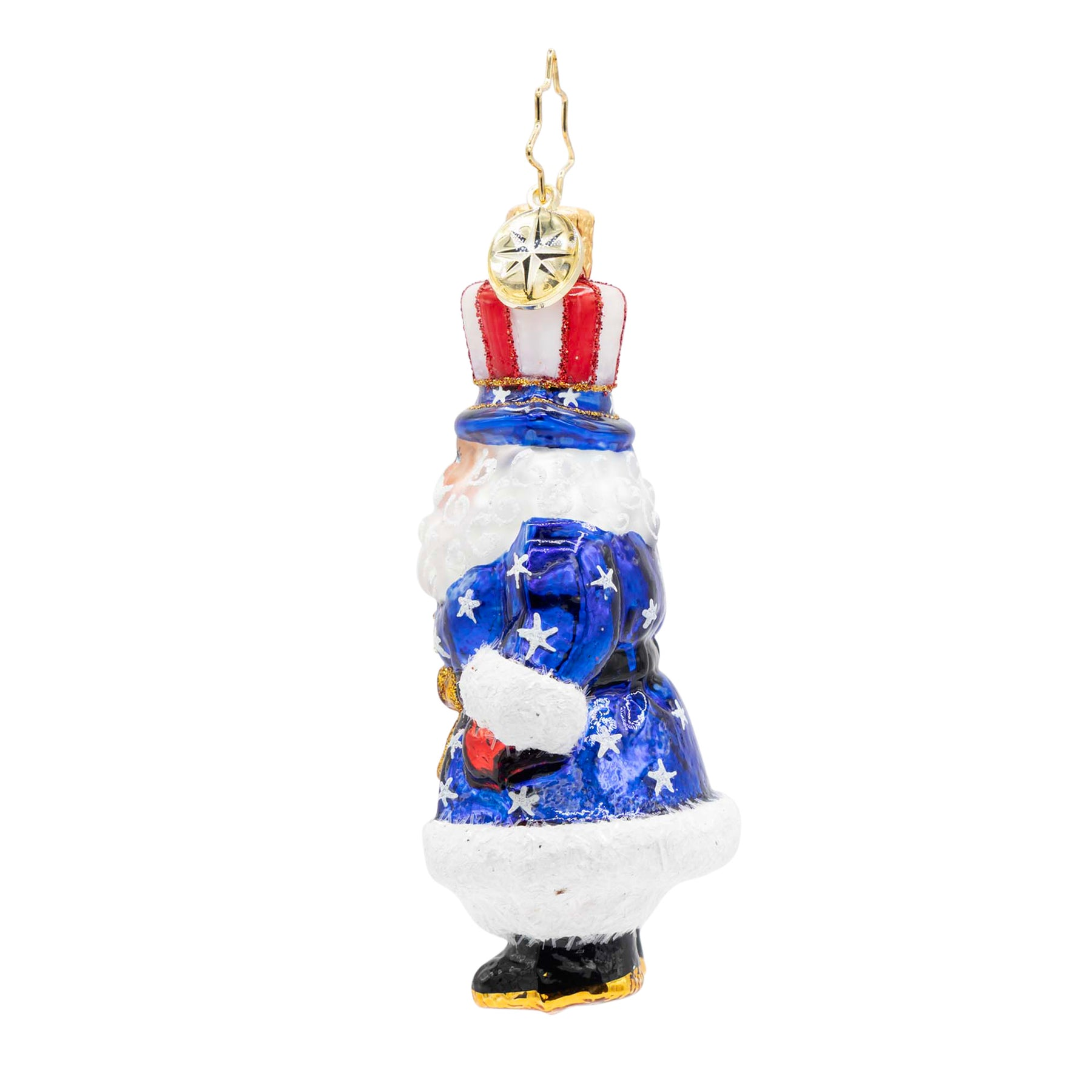 All-American Santa glass ornament in a blue star-spangled suit and red and white striped hat.