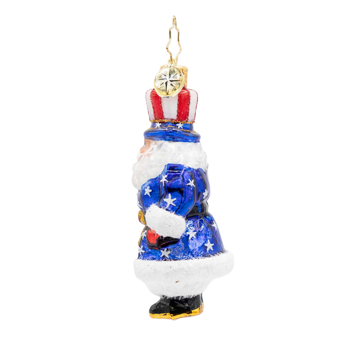 All-American Santa glass ornament in a blue star-spangled suit and red and white striped hat.