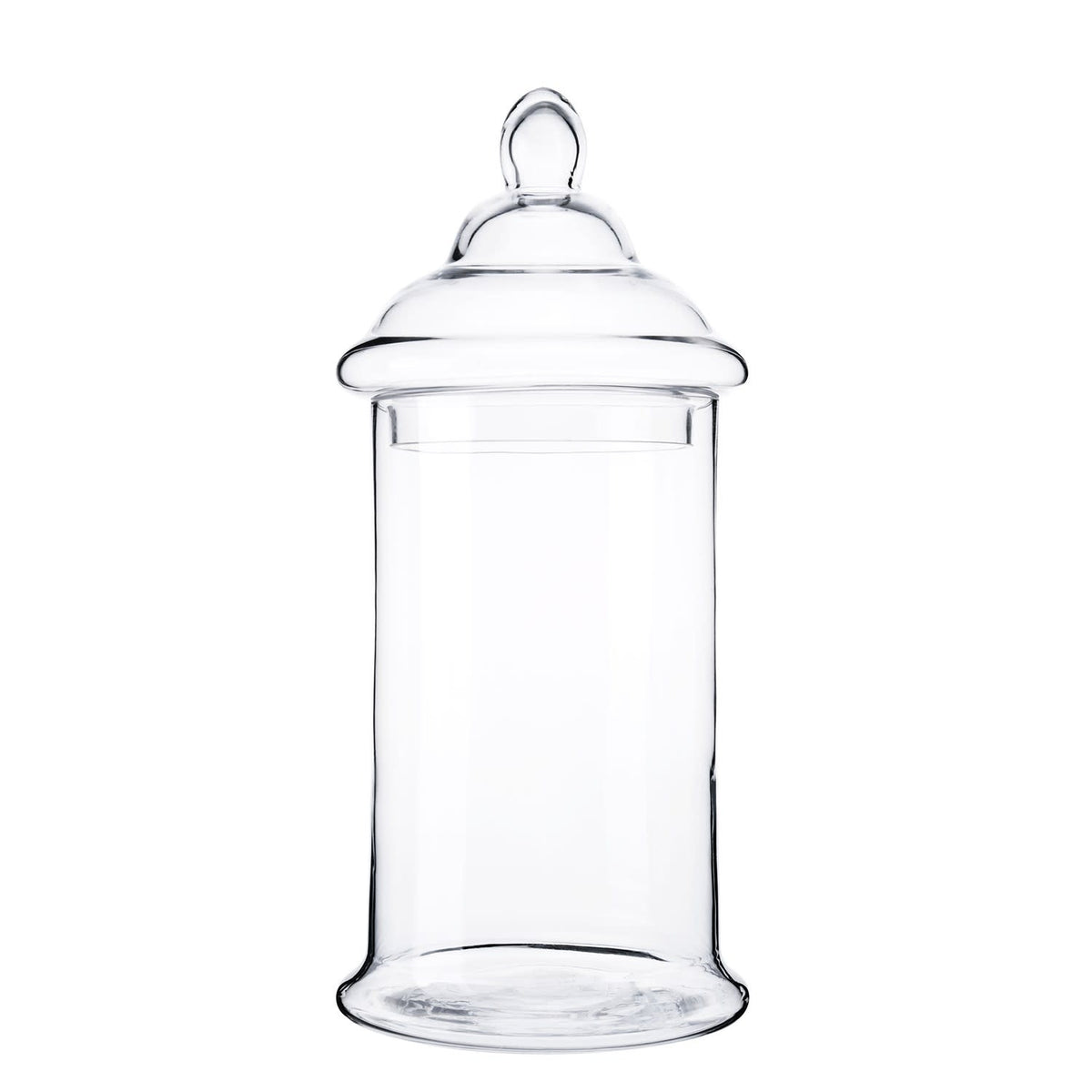 Clear glass jar with a cylindrical shape measuring 7.5 inches in diameter.