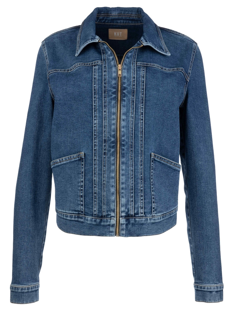Genevieve zip front jacket in heather grey cotton blend with slant pockets and relaxed fit silhouette.