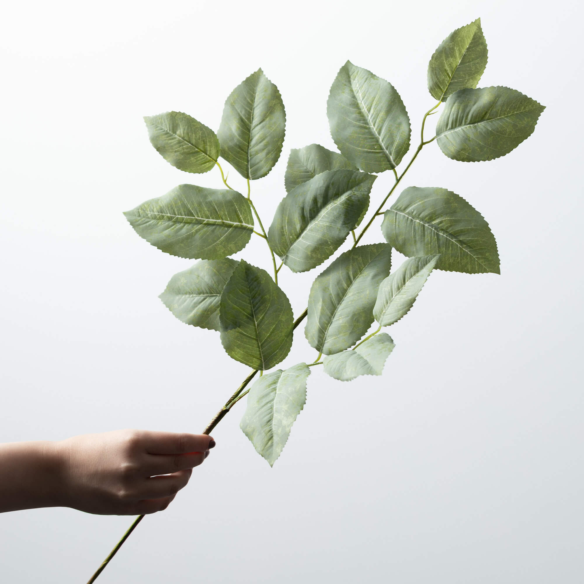 Long artificial lemon leaf spray with flexible polyester stems in natural green foliage.