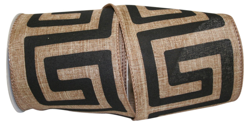 Natural linen wired edge ribbon with a Grecian Key pattern in natural color.