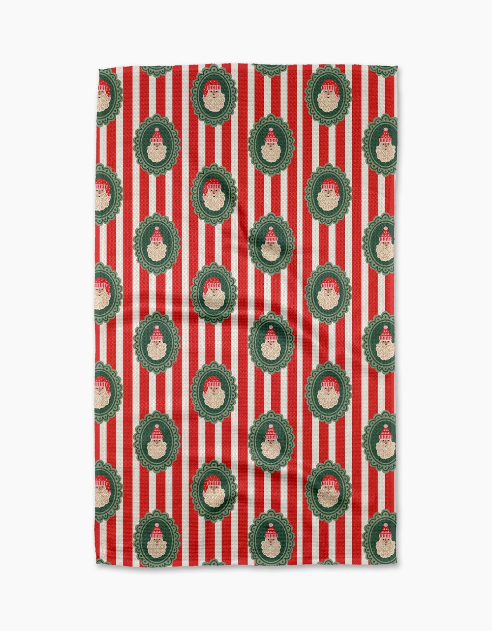 Waffle weave kitchen tea towel in holiday print with a hanging loop