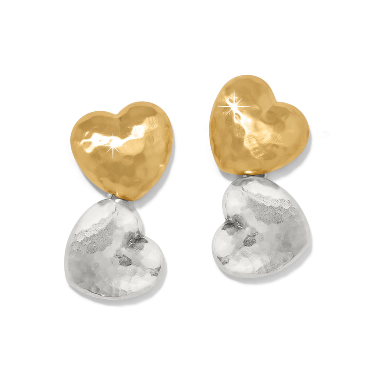 Silver-gold two-tone post drop earrings with hammered finish