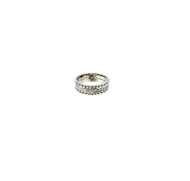 Silver-toned fashion statement ring with a textured beaded edge and a central band of clear stones.