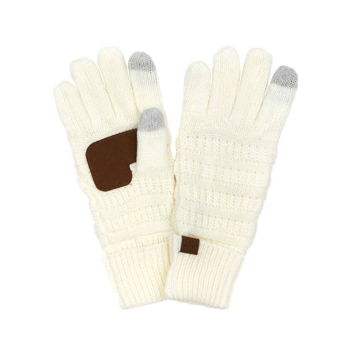 Black fleece-lined touchscreen gloves with a soft acrylic knit texture.