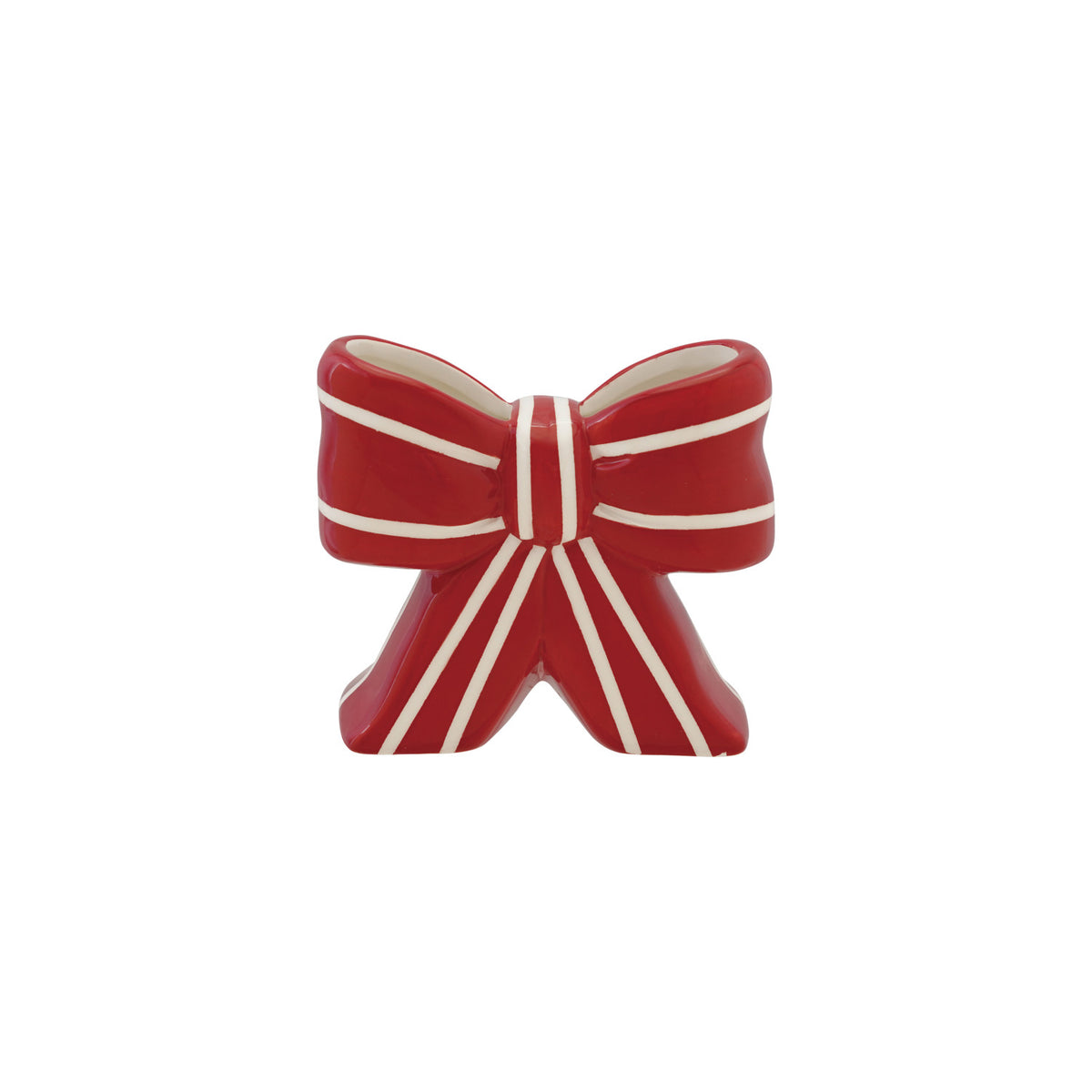 Red and white striped ceramic vase shaped like a decorative bow.