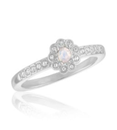 White opal flower stack ring with silver plating on a copper base