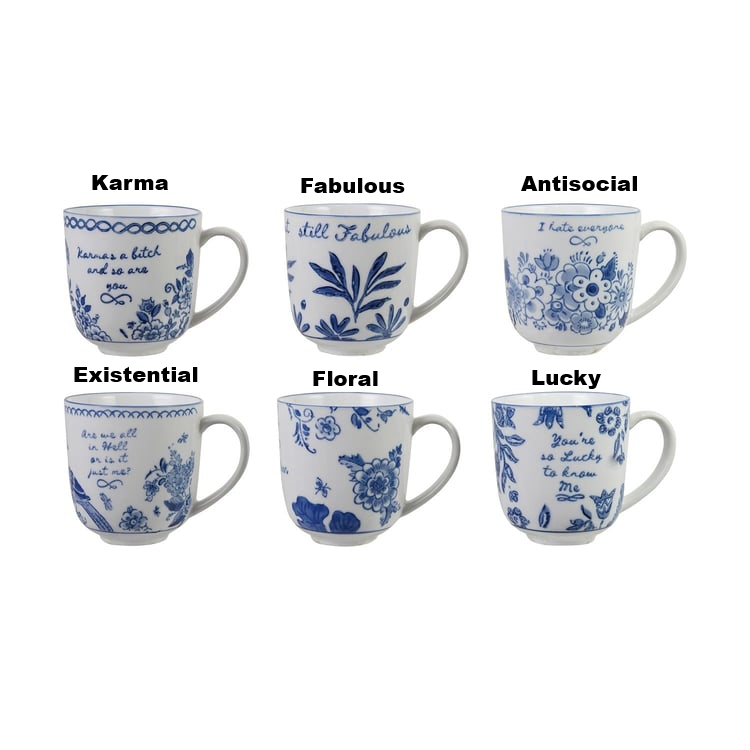 Set of six blue and white stoneware mugs with floral patterns and cheeky sayings.
