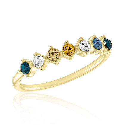Multi-color floating gold layers ring with vibrant accents on a rich backdrop