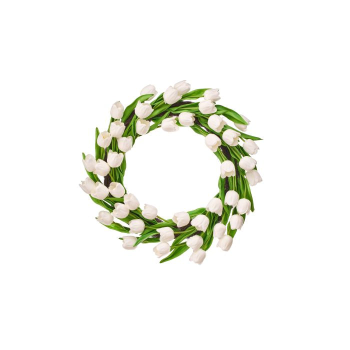 A round 21-inch artificial tulip wreath with a spring green color and natural wood silhouette.