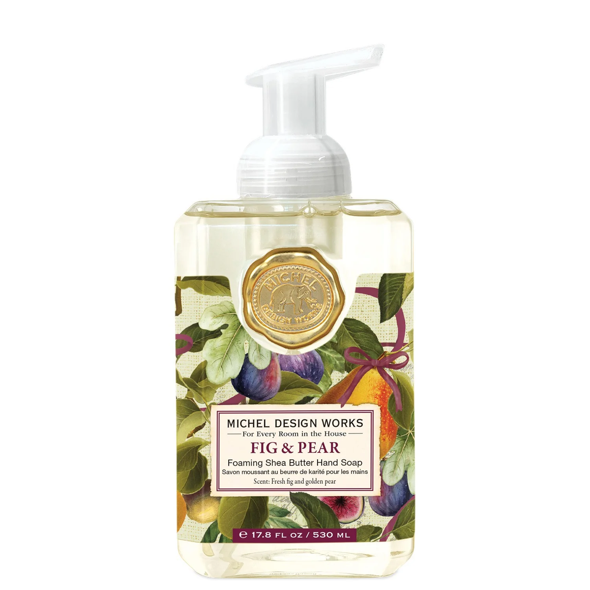 Michel Design Works Fig & Pear Foaming Shea Butter Hand Soap in a 17.8 fl oz pump bottle.