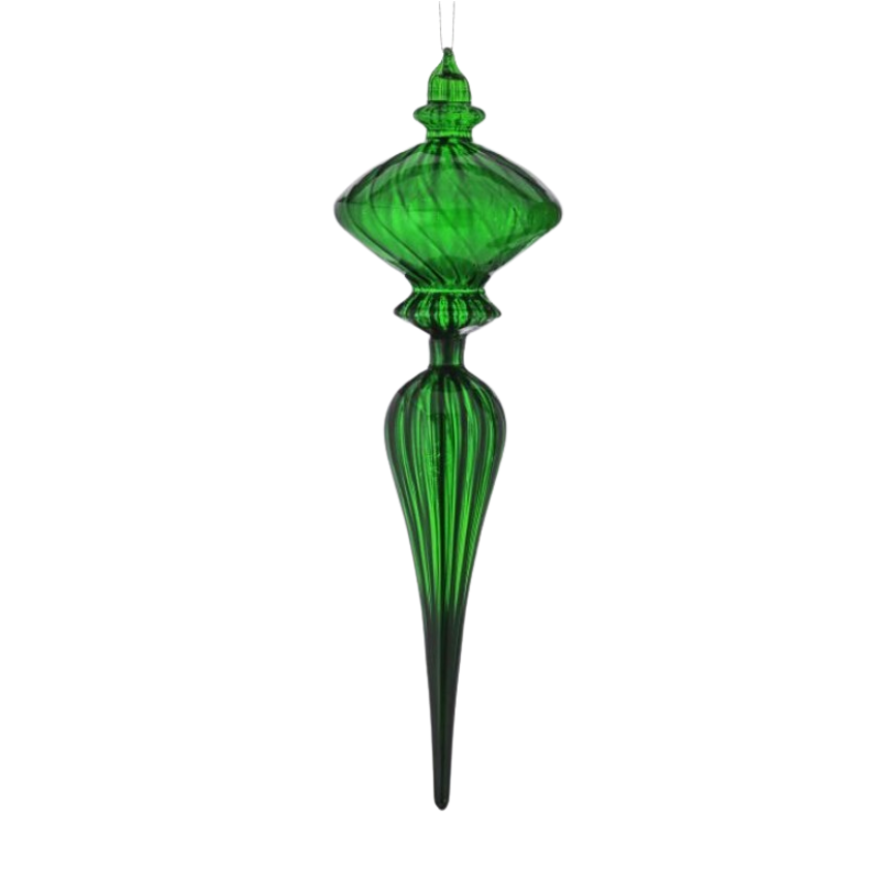 12-inch green glass opaque finial ornament with a ribbed texture and pointed base.