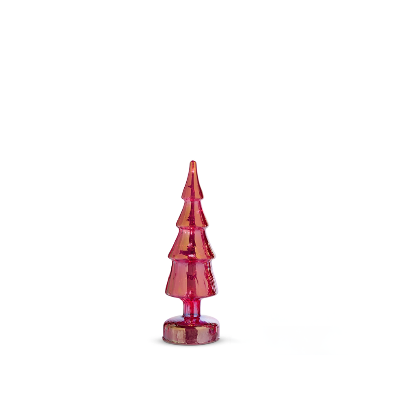 A single lighted red iridescent glass Christmas tree on a circular base against a white background.