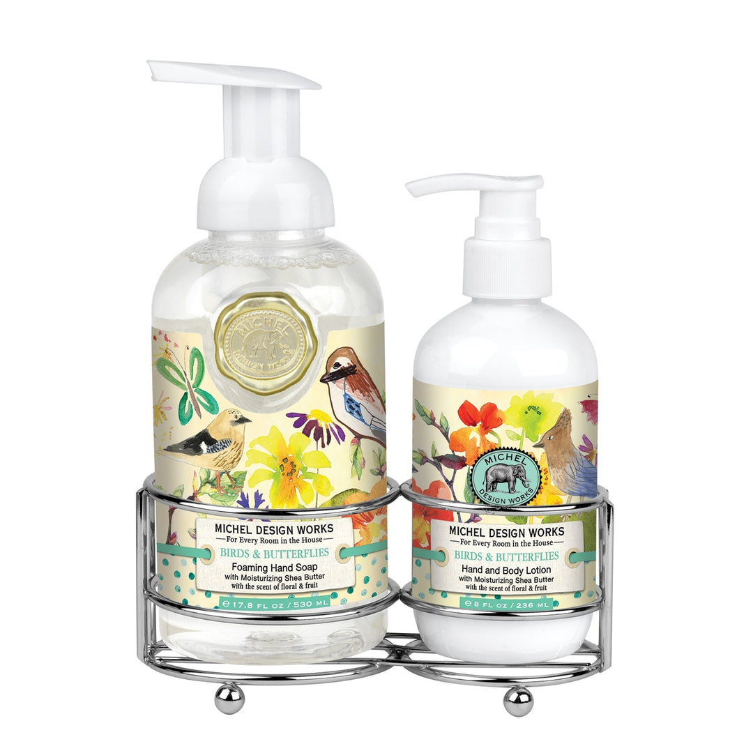 Foaming hand soap dispenser with pump next to a matching lotion bottle on a countertop.