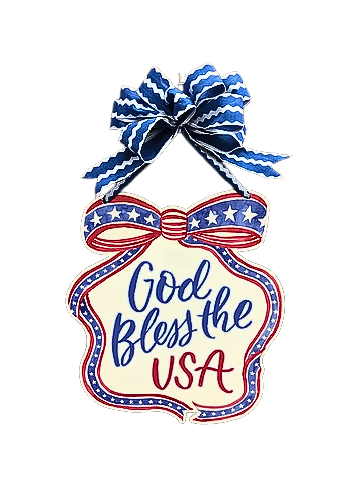 God Bless the USA door hanger with a blue wavy bow and patriotic red, white, and blue accents.