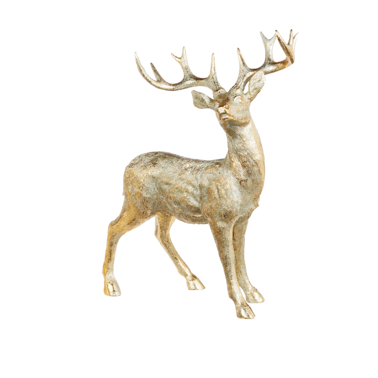 19.5-inch gold resin standing deer figurine with large antlers on a white background.