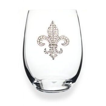 Clear stemless wine glass with jeweled embellishments around the bowl rim