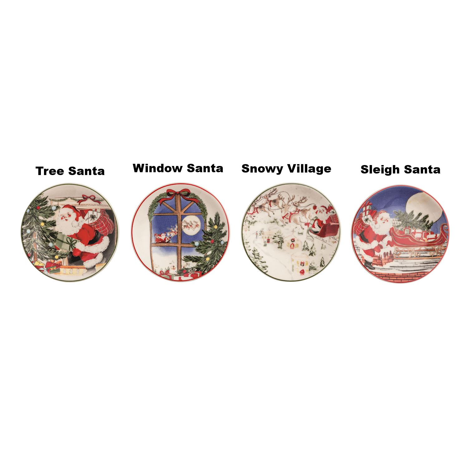 Four stoneware tidbit plates with Santa scenes: Tree Santa, Window Santa, Snowy Village, Sleigh Santa