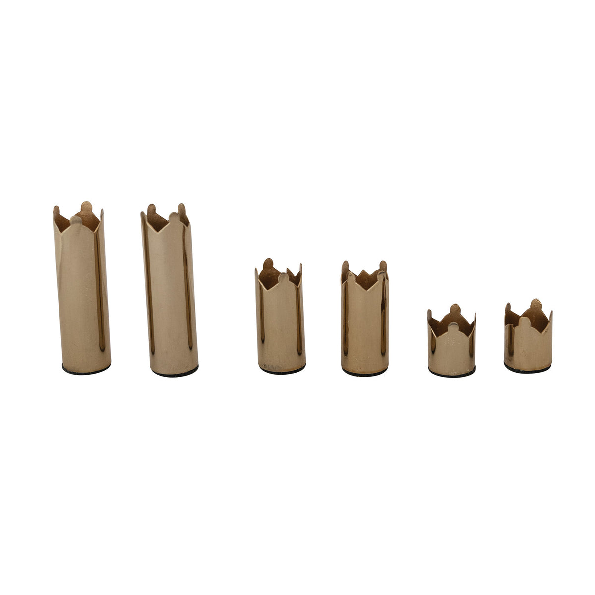 Set of six gold finish magnetic crown-shaped taper candle holders in varying heights.