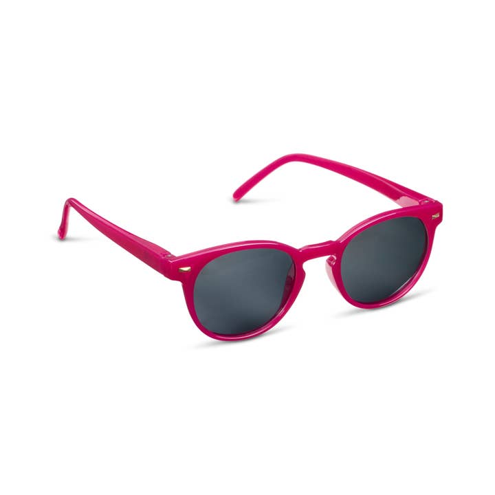 Boho Reading Sun glasses with fuchsia frames and solid smoke polarized lenses.