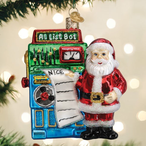 Santa's AI Bot glass Christmas ornament featuring Santa Claus next to a colorful retro computer.
