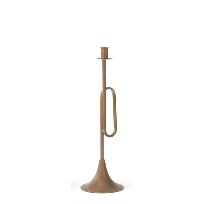 Tall gold trumpet-shaped iron taper candleholder with a flared base and brass-style finish.