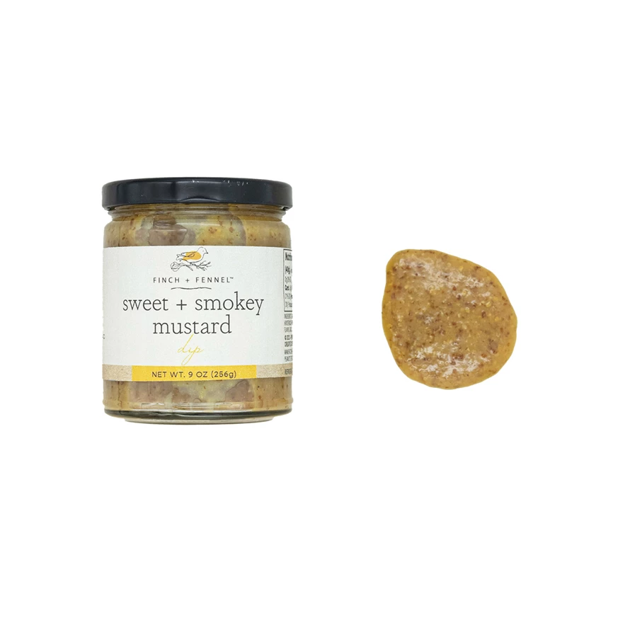 3.5 x 3 inch jar of Sweet + Smokey Mustard Dip with visible mustard texture