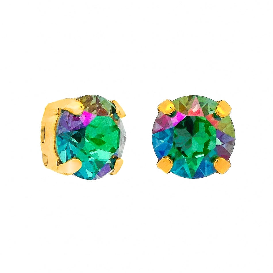 Caitlin Round Earrings with multi-color green crystals and antique gold-plated prong settings.
