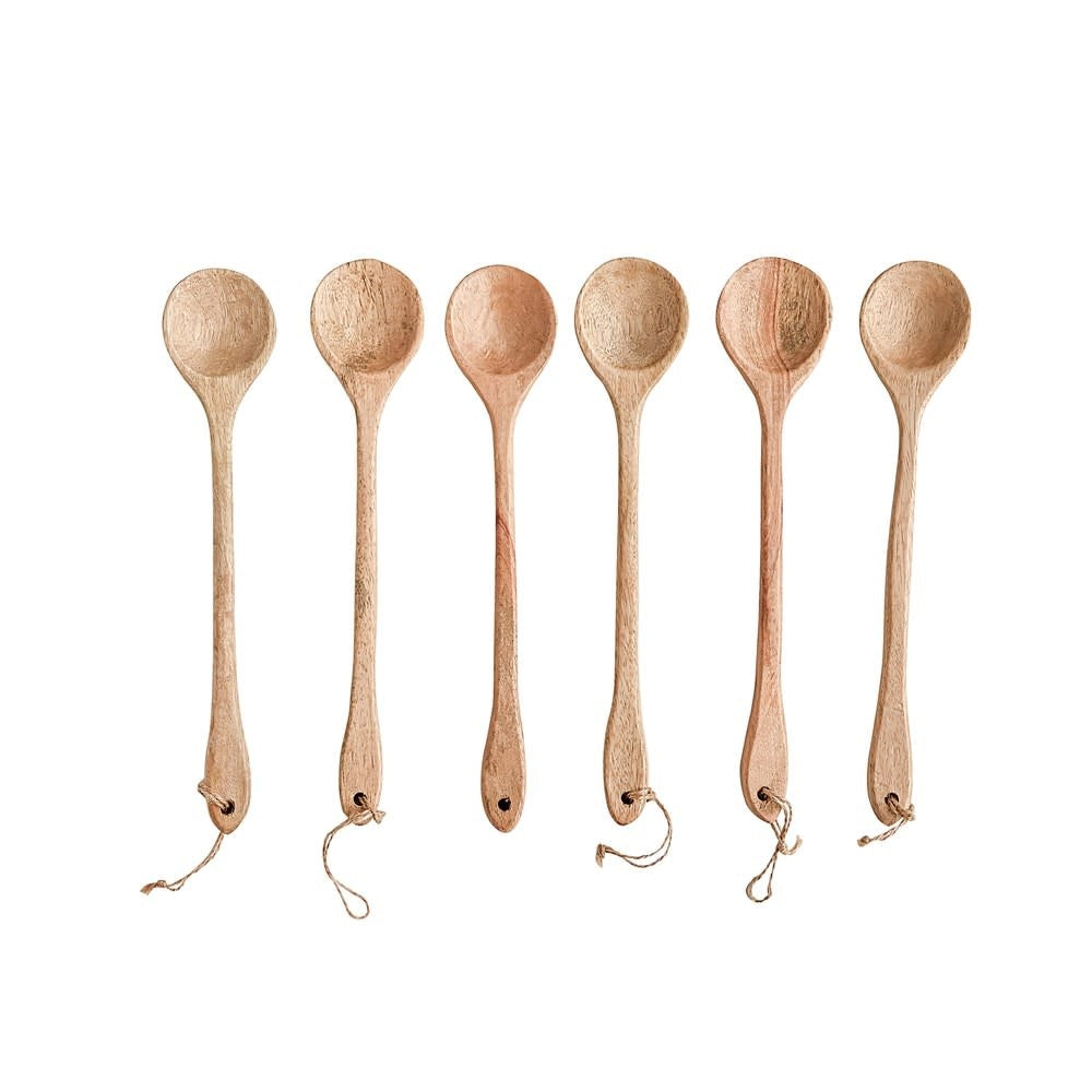 Six 10-inch hand-carved mango wood spoons with hanging loops, arranged in a row.