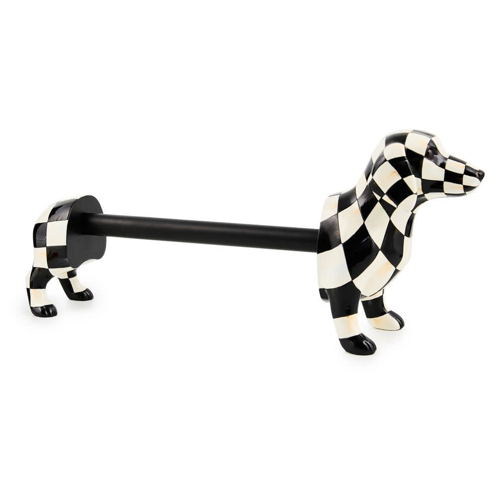Handmade resin dachshund paper towel holder with wood accents on a kitchen countertop.