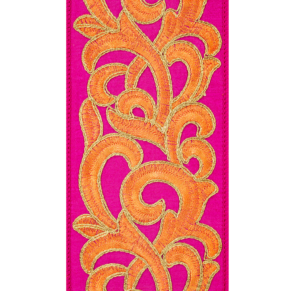 Fuchsia ribbon with orange and gold intertwined scroll embroidery and wired edges.