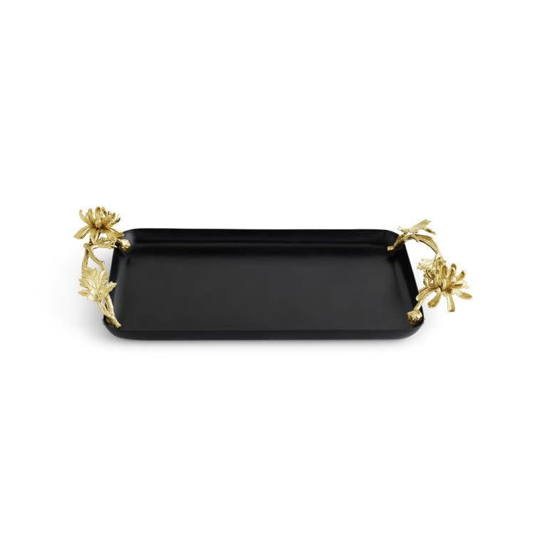 Rectangular natural brass serving tray with black powdercoat finish featuring a dahlia floral silhouette.