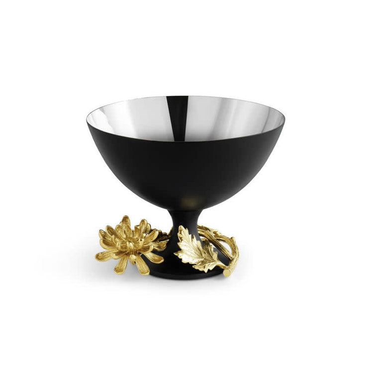 Small stainless steel bowl with black powdercoat finish featuring a dahlia silhouette