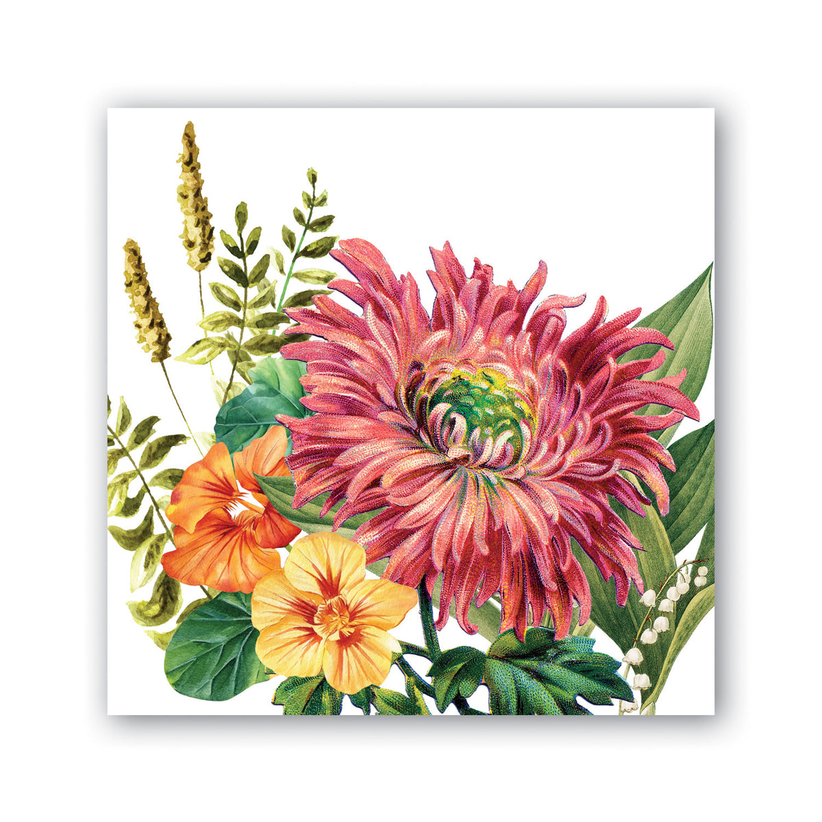 Cocktail napkin featuring a vibrant dahlia floral pattern on triple-ply paper.