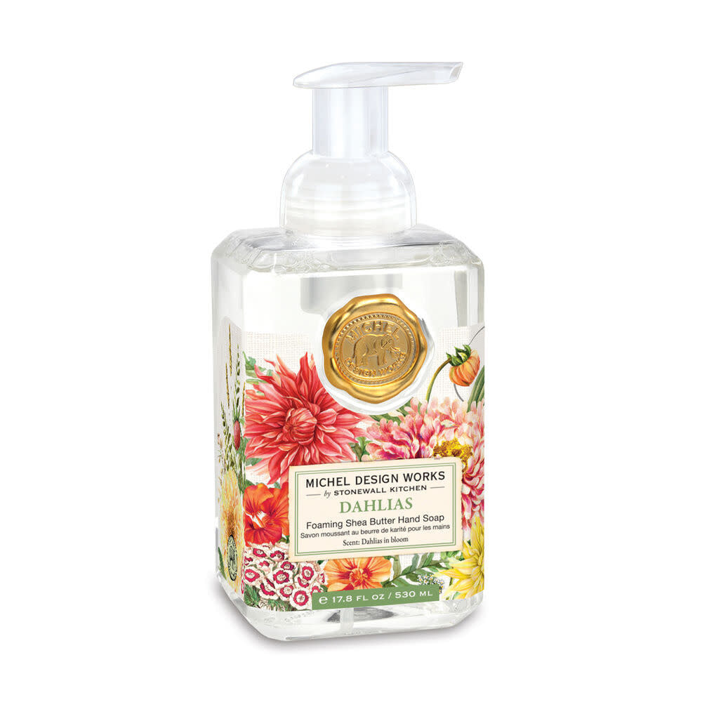 Foaming hand soap in a clear bottle with a white pump dispenser.