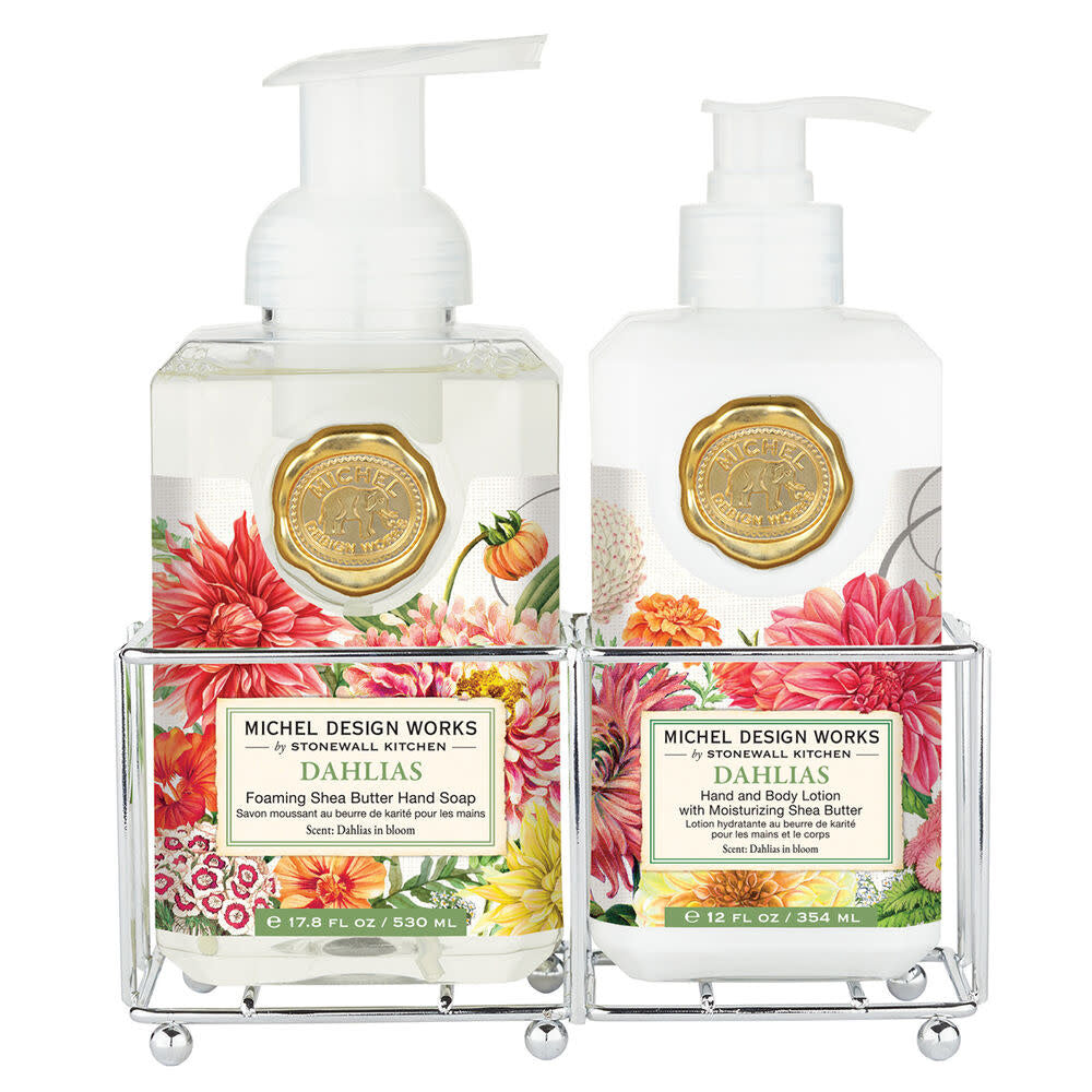Hand Care Caddy with foaming soap dispenser in dahlia pink floral pattern.